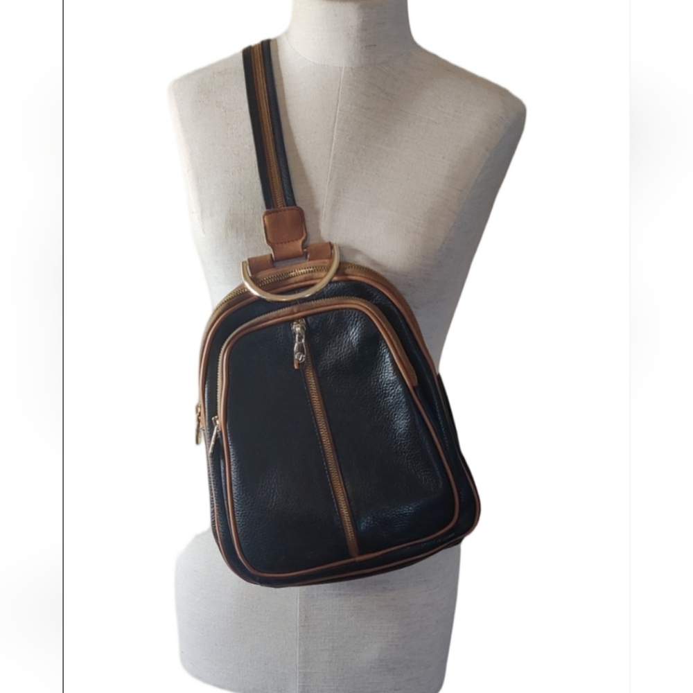 Valentina Italian Leather Black and Tan Leather Backpack